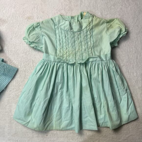 Vtg Baby Girls Dress 3-6 Months Blue Lace Lot Pinafore Gingham Collared 60s - Picture 4 of 7